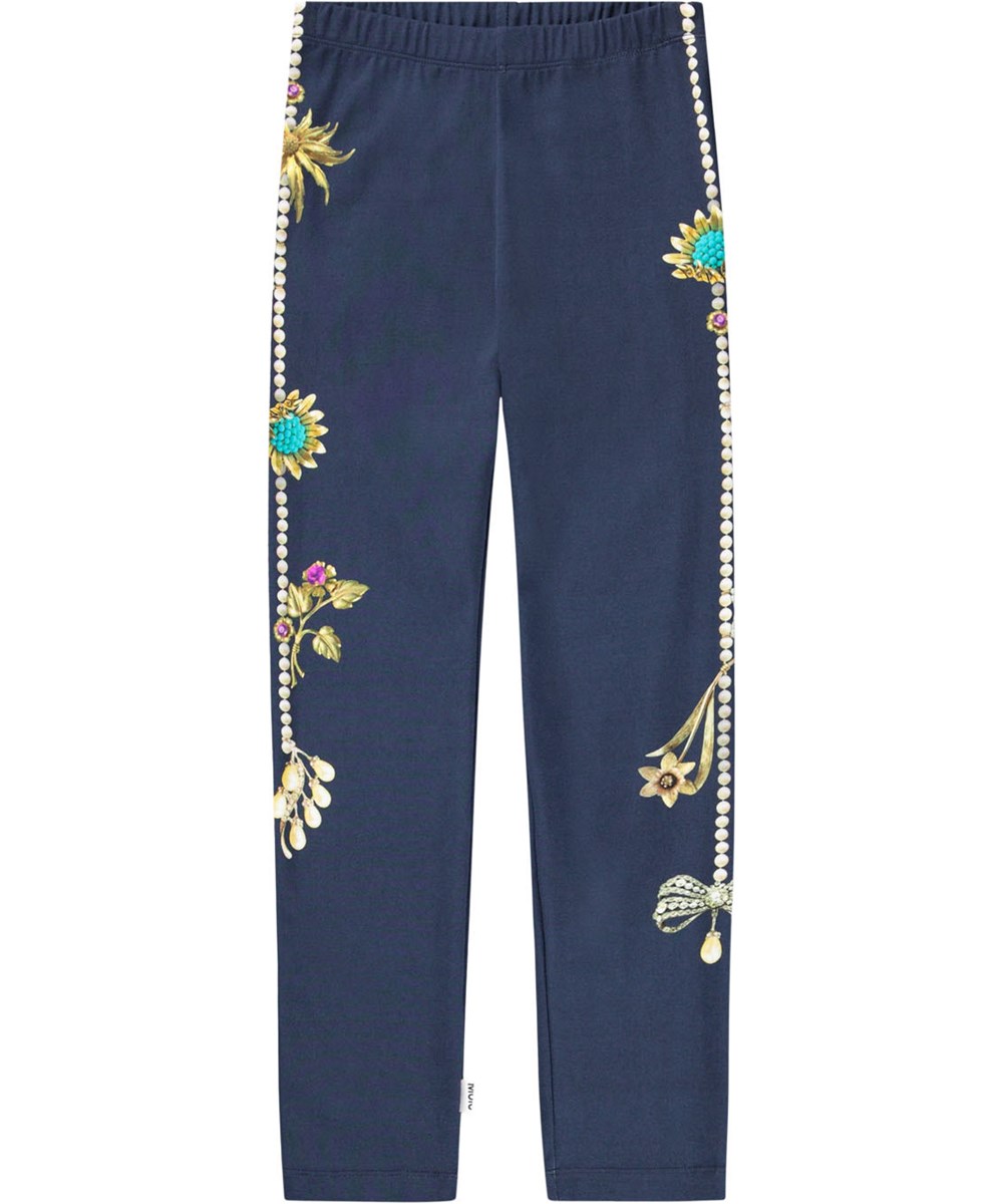 Niki - Jewellery Drape - Mörkblå leggings för barn tillverkade av ekologisk bomull med juvelmönster.