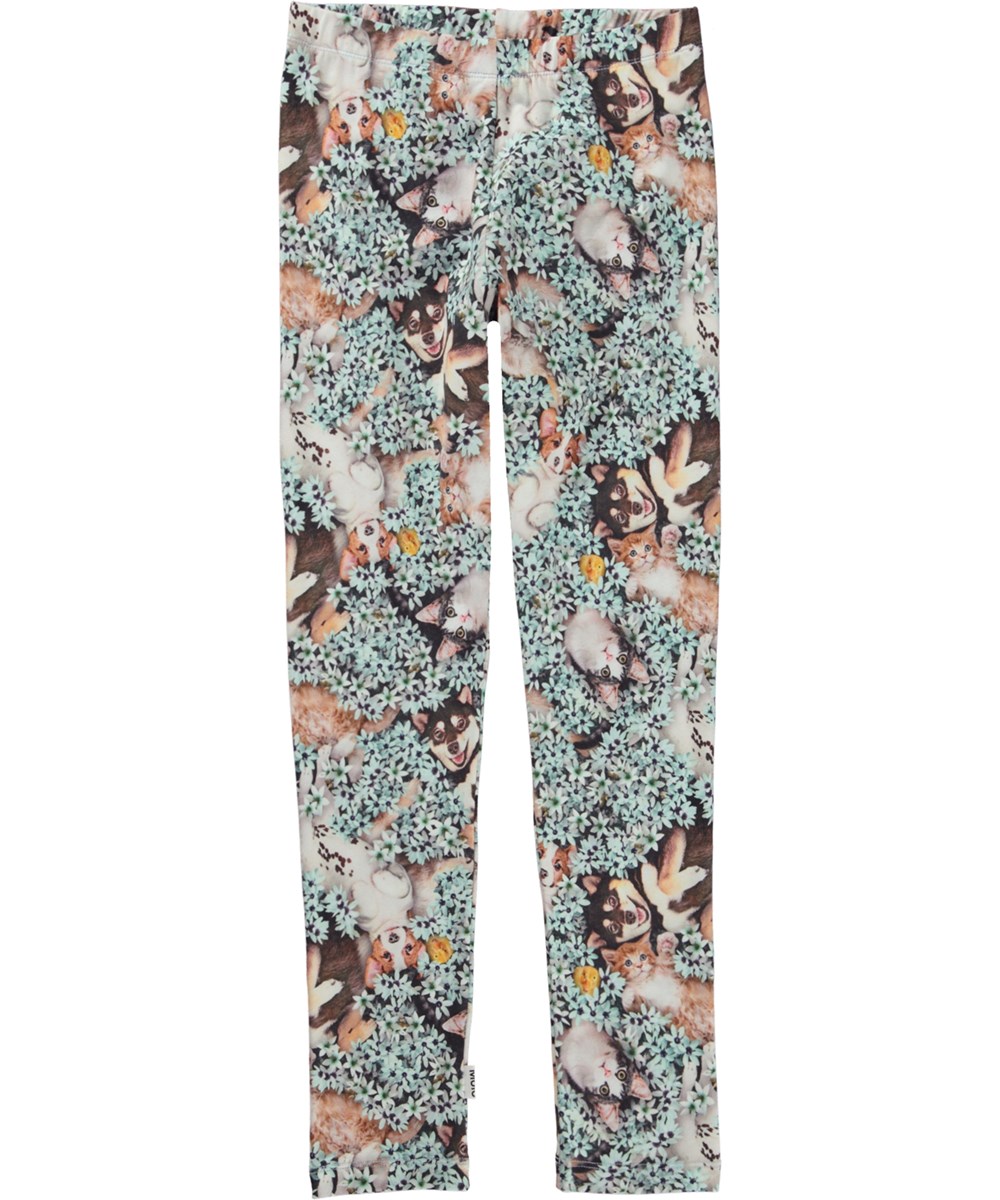 Niki - Park Life - Ljusblå leggings i ekologisk jersey med blomor och djurungar. 