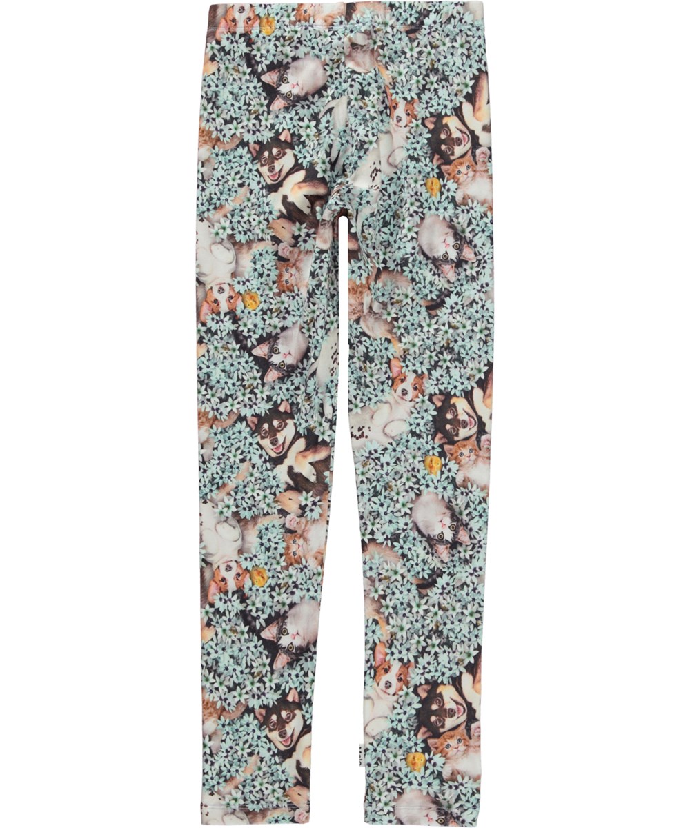 Niki - Park Life - Ljusblå leggings i ekologisk jersey med blomor och djurungar. 