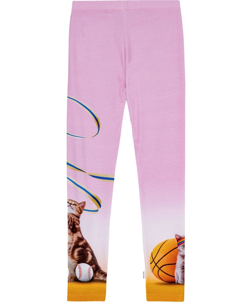 Niki - Sporty Cats - Rosa leggings i ekologisk bomull med en katttryck.