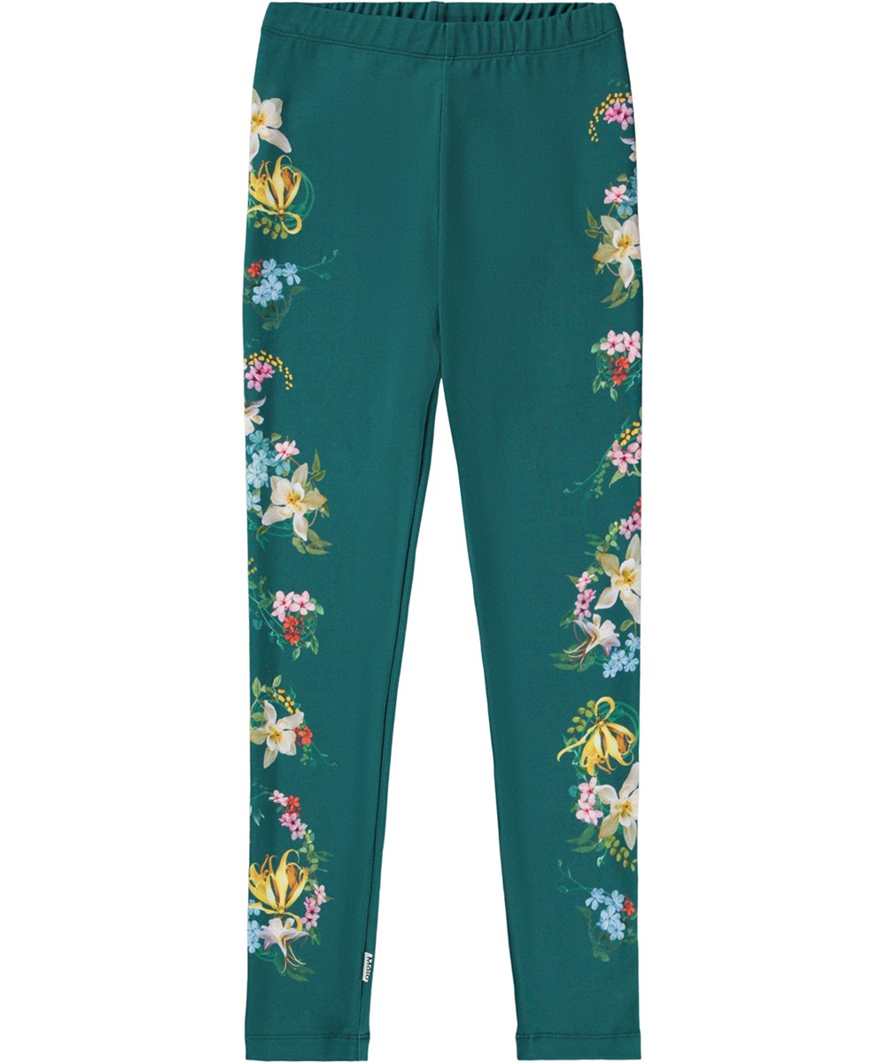 Niki - Sporty Paisley - Gröna leggings för barn tillverkade av ekologisk bomull med blommigt mönster.