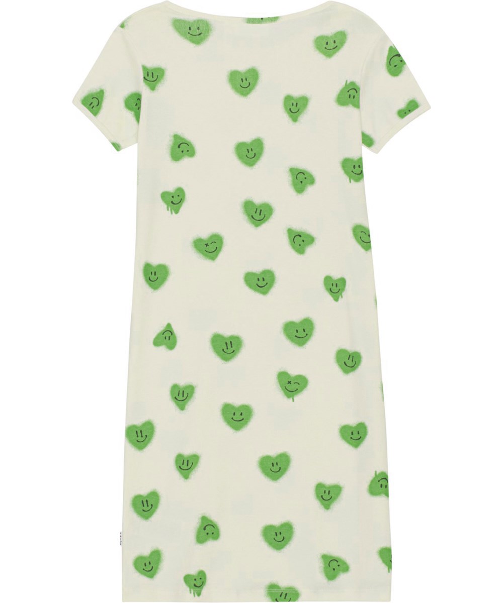 Lucy - Hearts - Råvit nattlinne med gröna hjärtan i ekologisk bomull. 