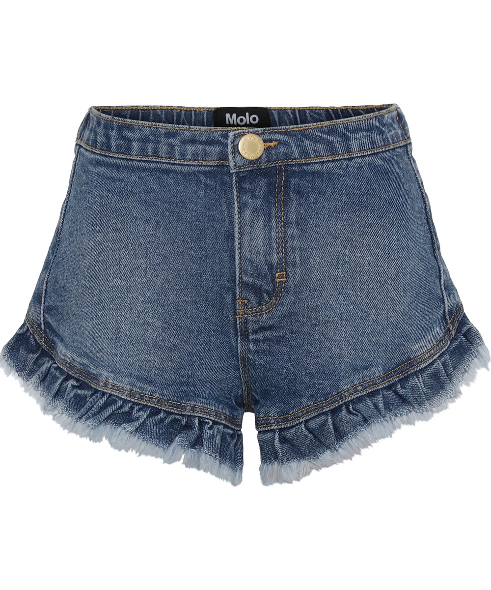 Agnetha - Retro Blue Denim - Blå jeansshorts med fransar.