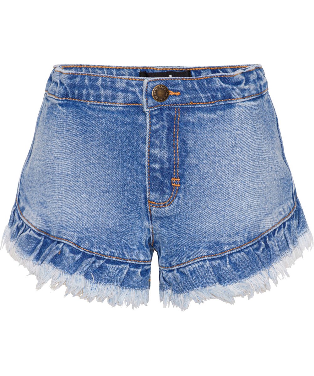 Agnetha - Washed Denim Blue - Blå jeansshorts med volang detaljer. 