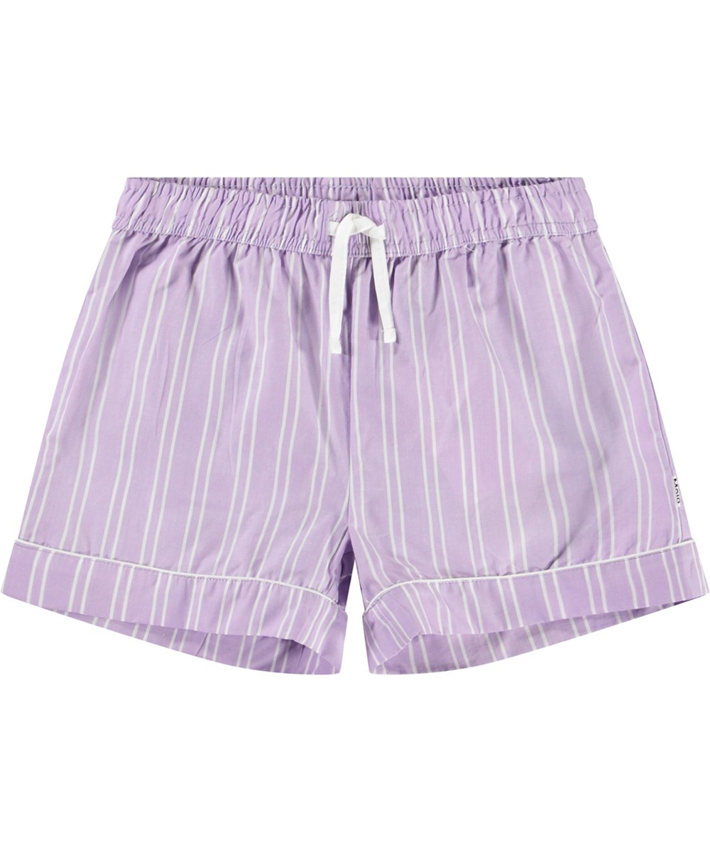 Aja - Purple Rail Stripe - Shorts i ekologisk bomull för barn. Randiga i ljus lila och vitt.