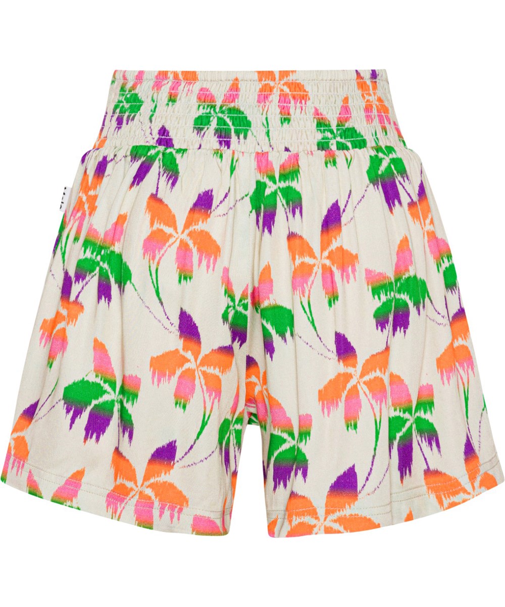 Alanis - Floral Palms - Ljusa khakigröna shorts med multifärgat palmmönster. 