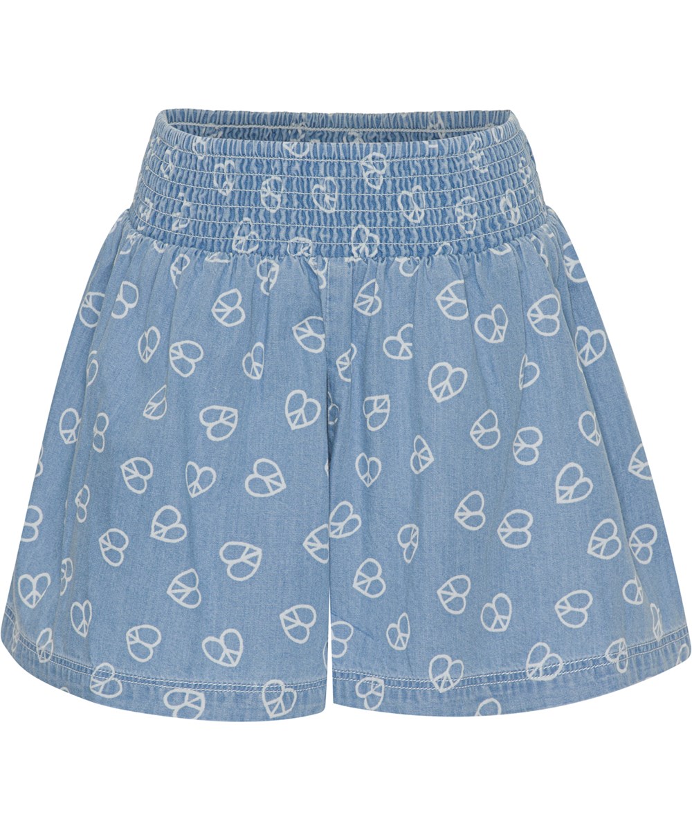 Alanis - Love Peace Blue - Ljusblå shorts med peacehjärtan.