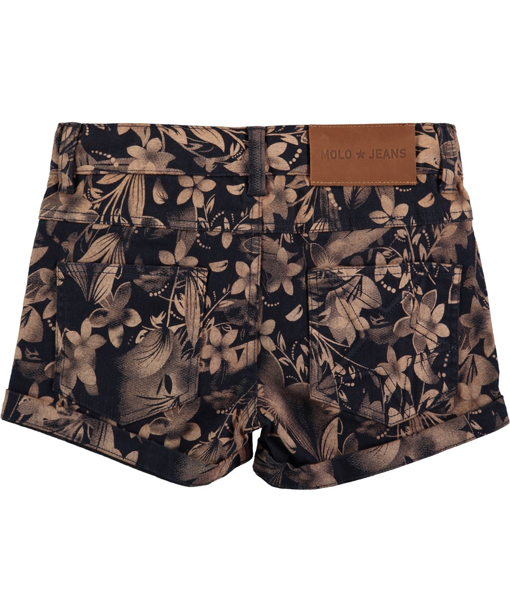 Audrey - Indigo - Korta, mörkblå denim shorts med blommigt tryck