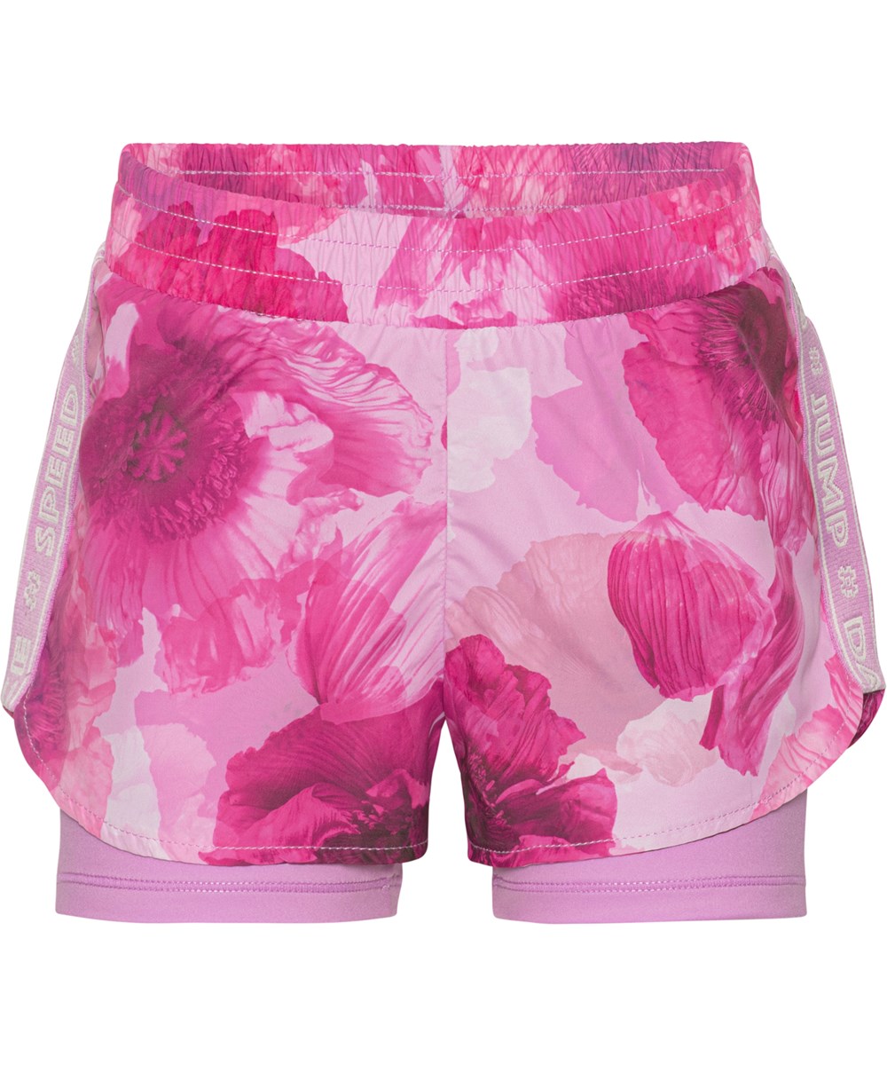 Omari - Dreamy Poppies - Tvådelade sportshorts med rosa blommor.