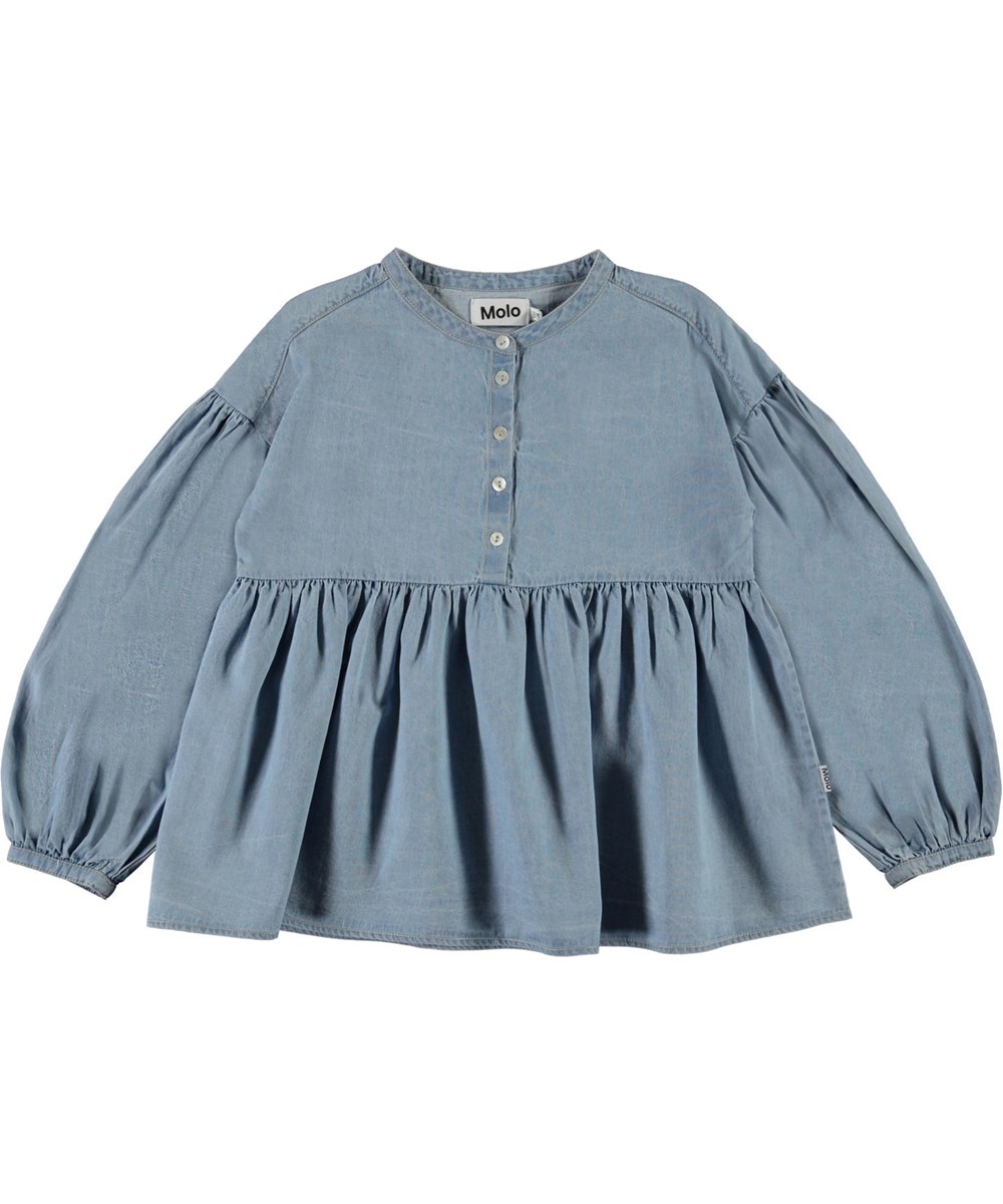 Raluca - Summer Wash Indigo - Ljusblå jeansskjorta med puffärmar