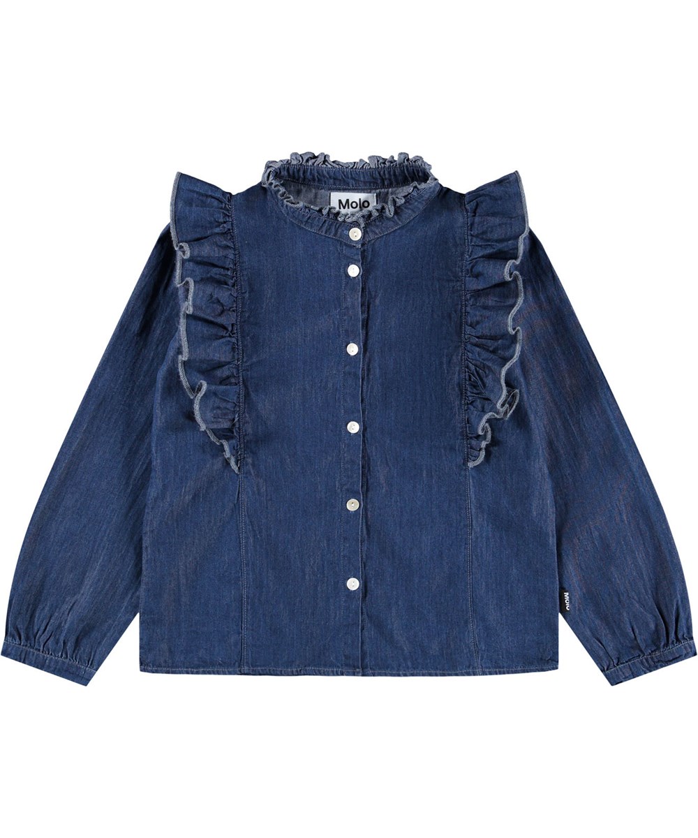 Raphaella - Washed Blue - Långärmad lös jeansskjorta för barn tillverkad av ekologisk bomull.