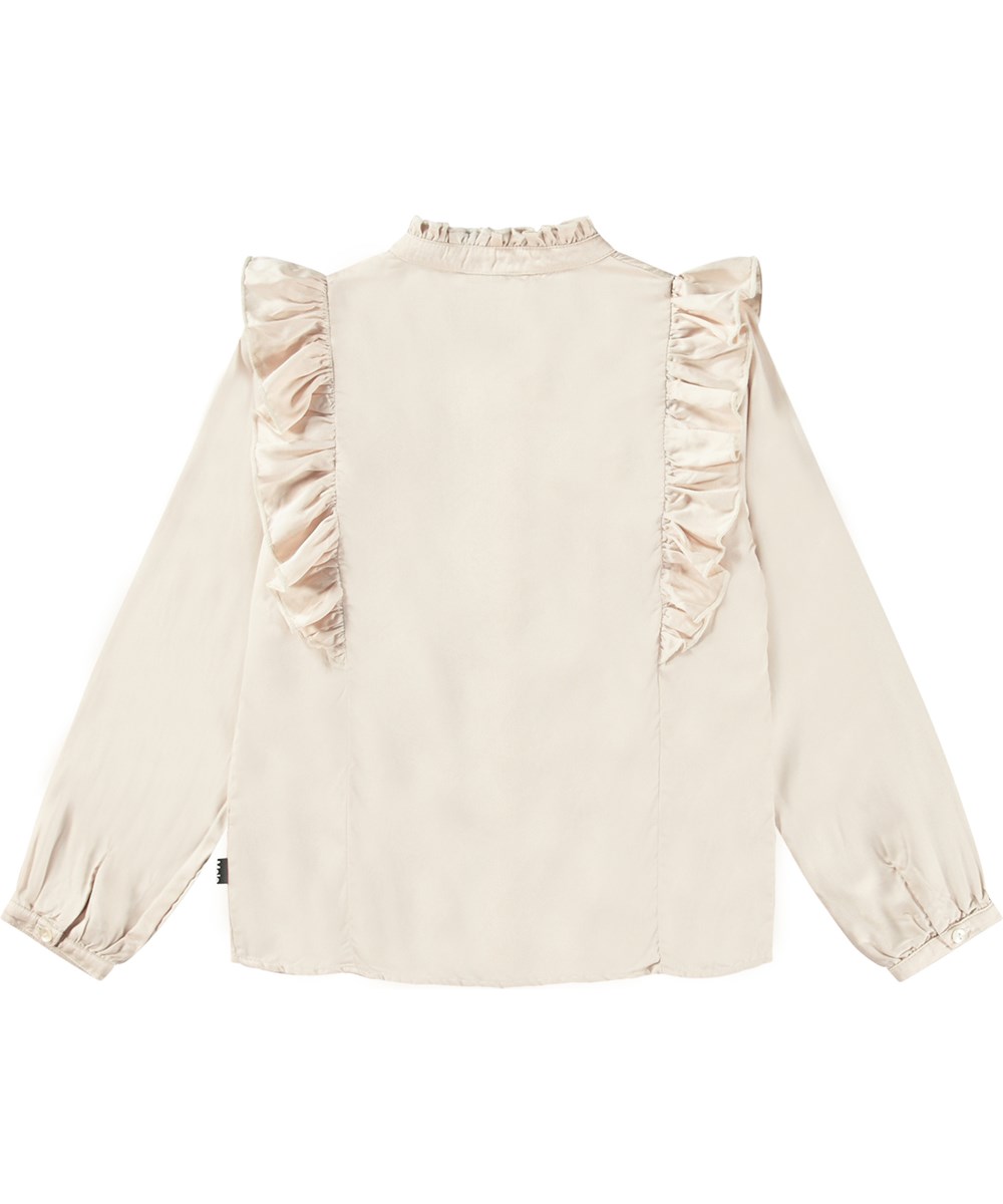 Raphaella - Whisper Pink - Mjuk puderfärgad långärmad skjorta med eleganta volangdetaljer.