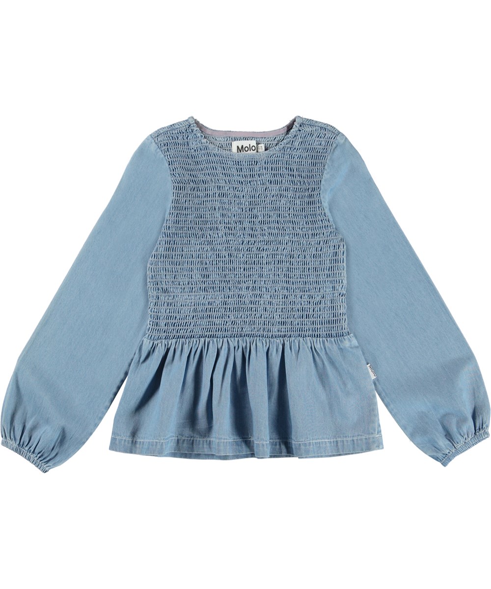 Rivi - Washed Chambrey - Ljusblå jeanströja med smock.