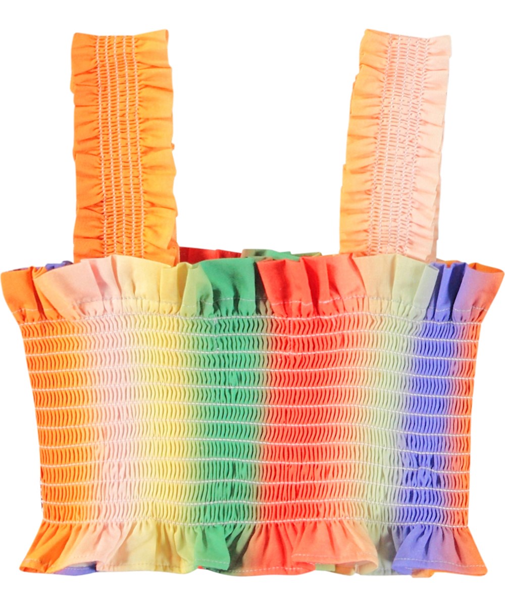 Rolfia - Big Rainbow - Regnbågsfärgad crop top för barn i ekologisk bomull med smockeffekt, volangkant och breda axelband.