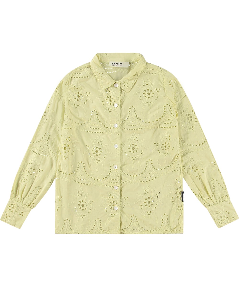 Runa - Green Tea - Dammig grön skjorta i ekologisk bomull med broderi anglaise. 