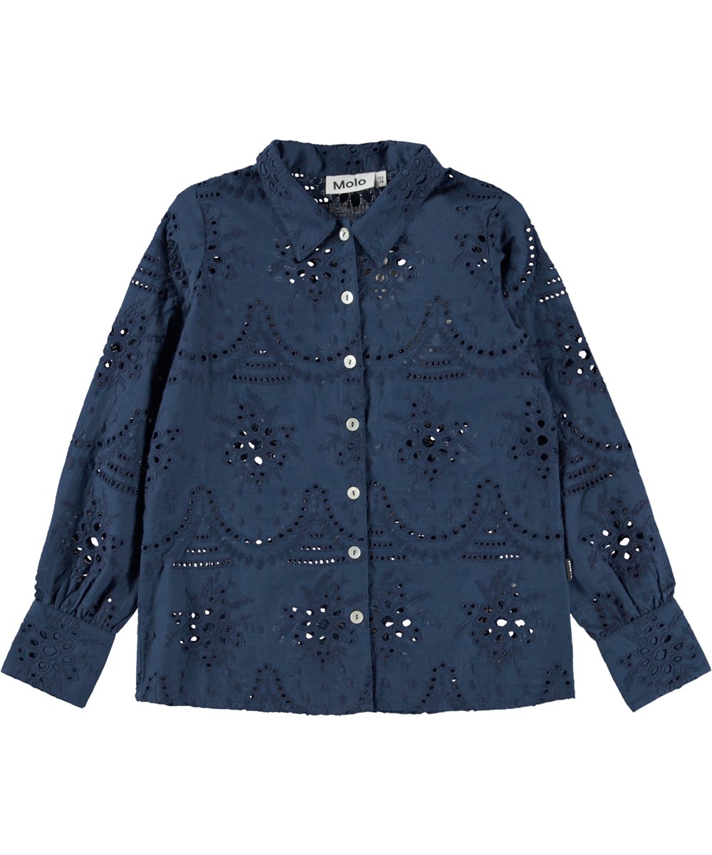 Runa - Navy Sky - Mörkblå skjorta med broderi anglaise.