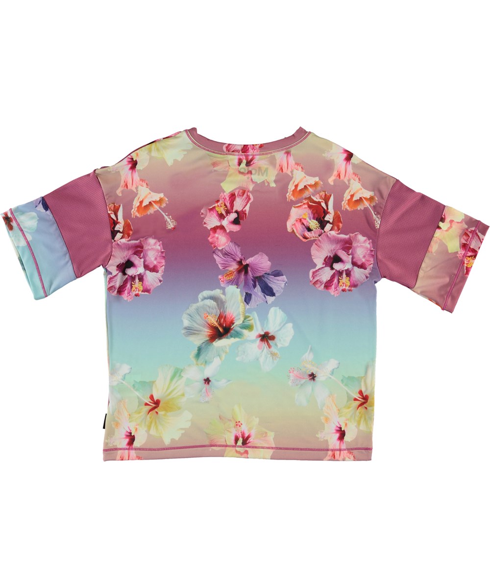 Odessa - Hibiscus Rainbow - Blommig t-shirt med korall färgad rand