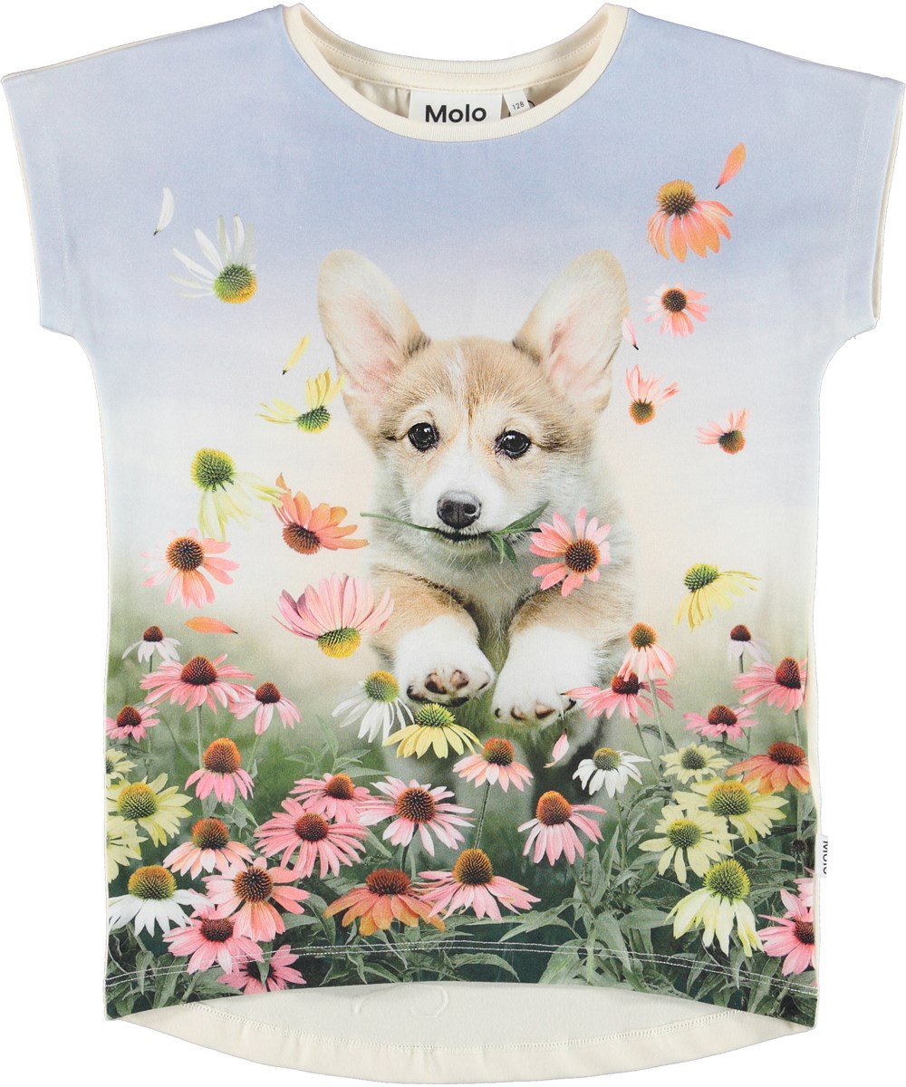 Ragnhilde - Flower For You - Ekologisk t-shirt med blommor och hund.