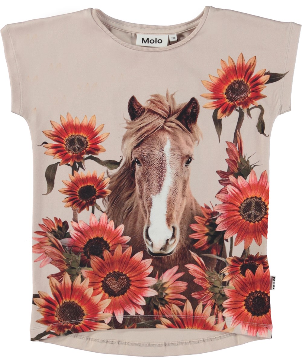 Ragnhilde - Pony Love - Rosa ekologisk t-shirt med hästmönster.