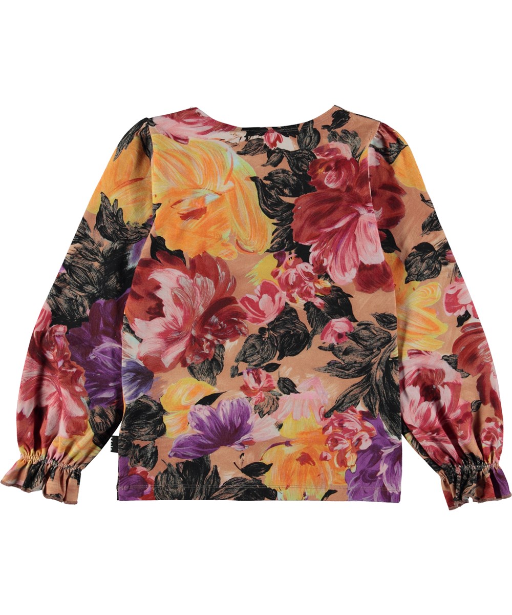 Raina - Artist Flowers - Rosa ekologisk tröja med blommor och volangdetalj.