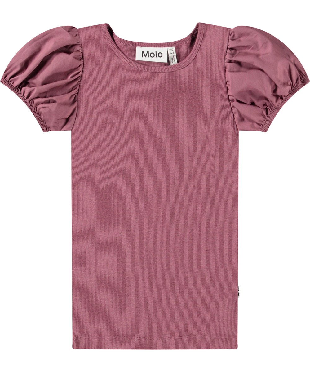 Raluca - Tulip - Lila åtsittande t-shirt för barn i mjuk ekologisk bomullsribb med rund hals och puffärmar.