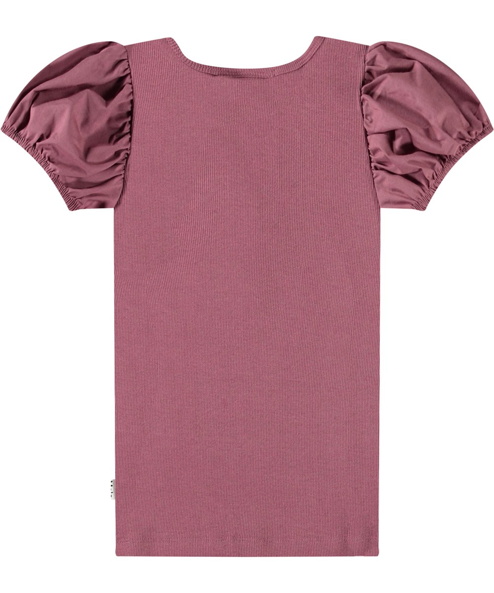 Raluca - Tulip - Lila åtsittande t-shirt för barn i mjuk ekologisk bomullsribb med rund hals och puffärmar.