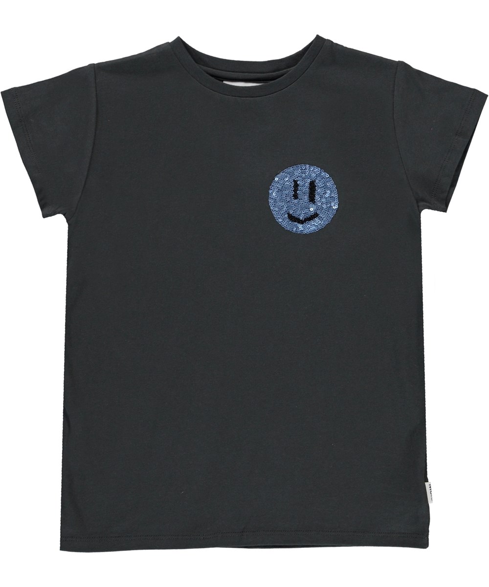 Ranva - Blue Smile - Blå t-shirt med paljettsmiley.