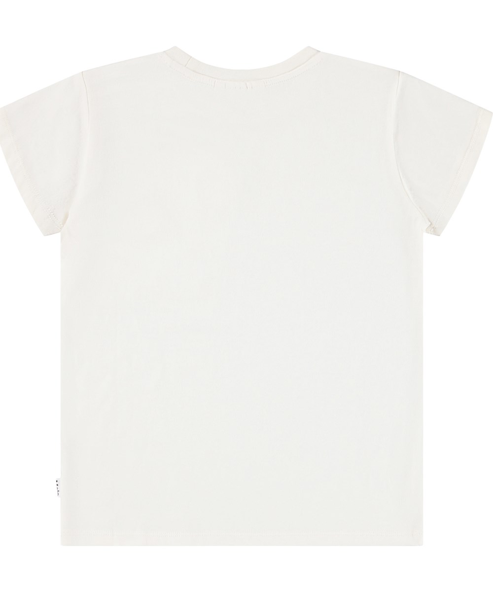 Ranva - Buttercream - Off-white kortärmad T-shirt för barn i ekologisk bomull med en rund hals och leende paljetterade ansikten.