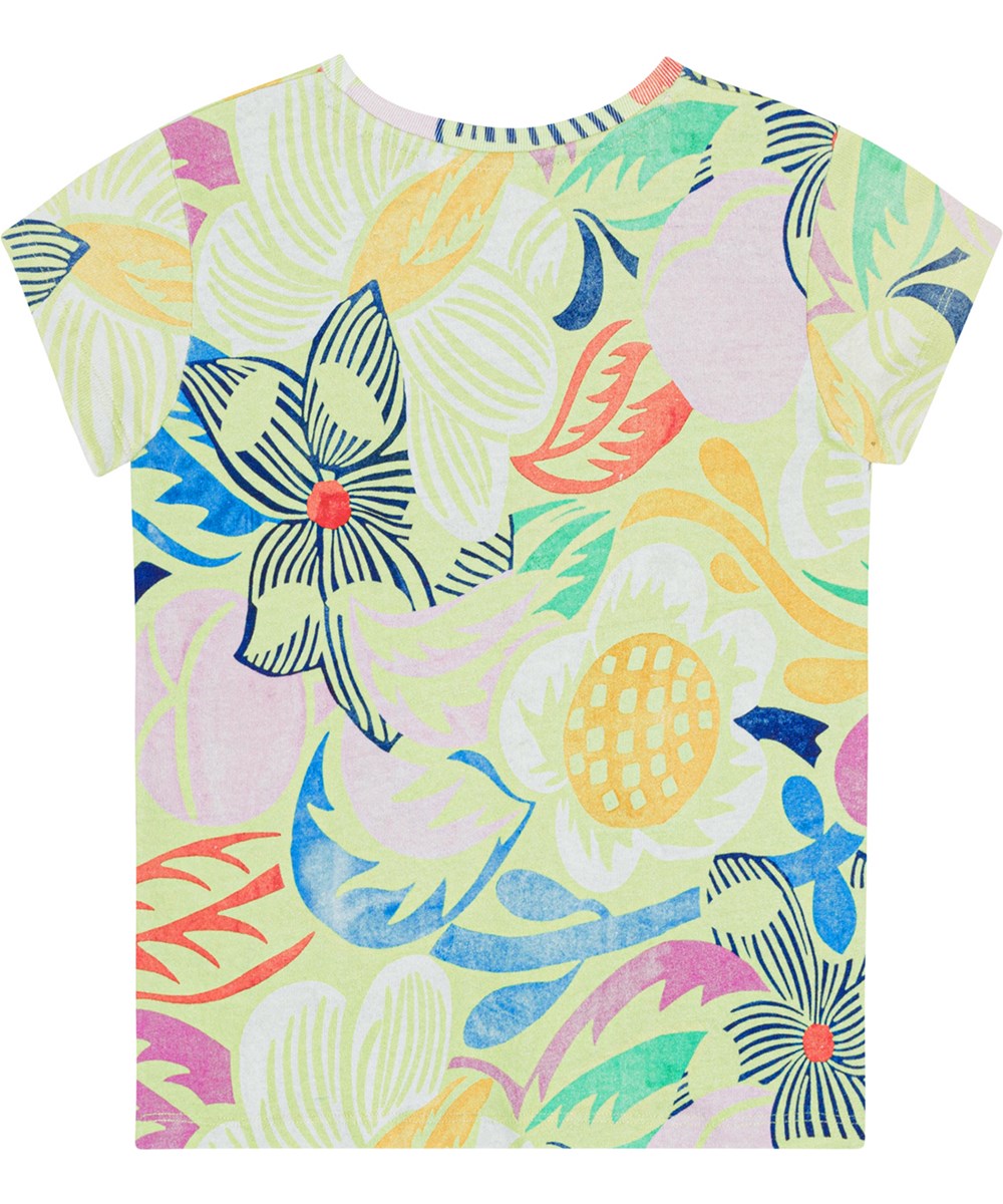 Ranva - Charleston Floral - ??ljusgrön ekologisk bomulls T-shirt med konstnärliga blommor. 