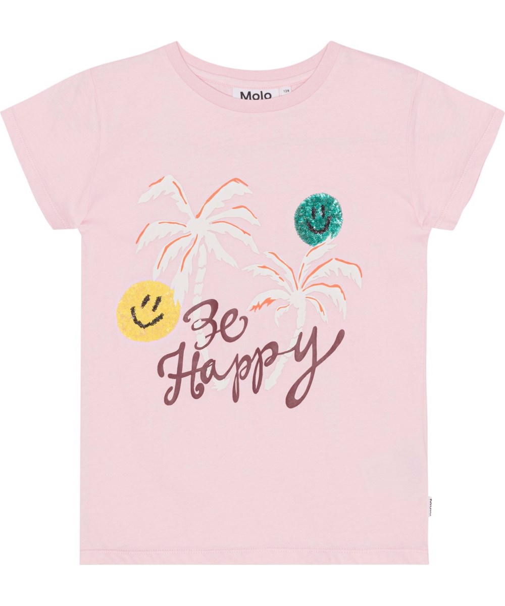 Ranva - Glitter Palms - Rosa kortärmad T-shirt i ekologisk bomull med två paljettsmileys, palmmönster och texten "Be Happy". 