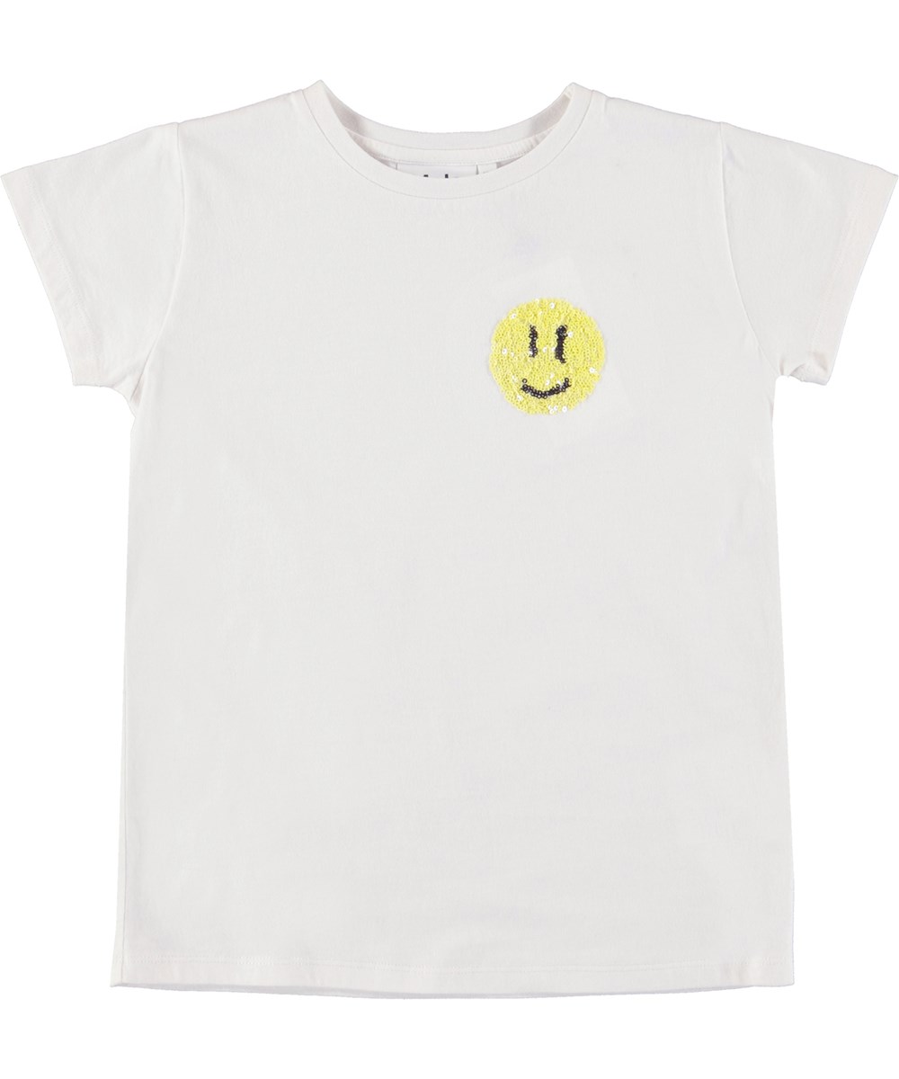 Ranva - Sequince Smile - Vit t-shirt med gul paljettsmiley.