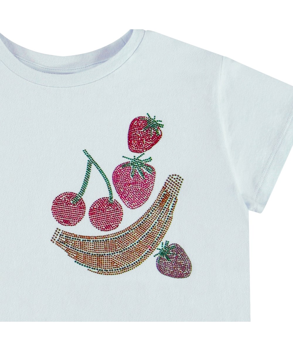 Ranva - Shiny Fruits - Ljusblå kortärmad T-shirt med paljettbroderi för barn i ekologisk bomull med en rund hals.