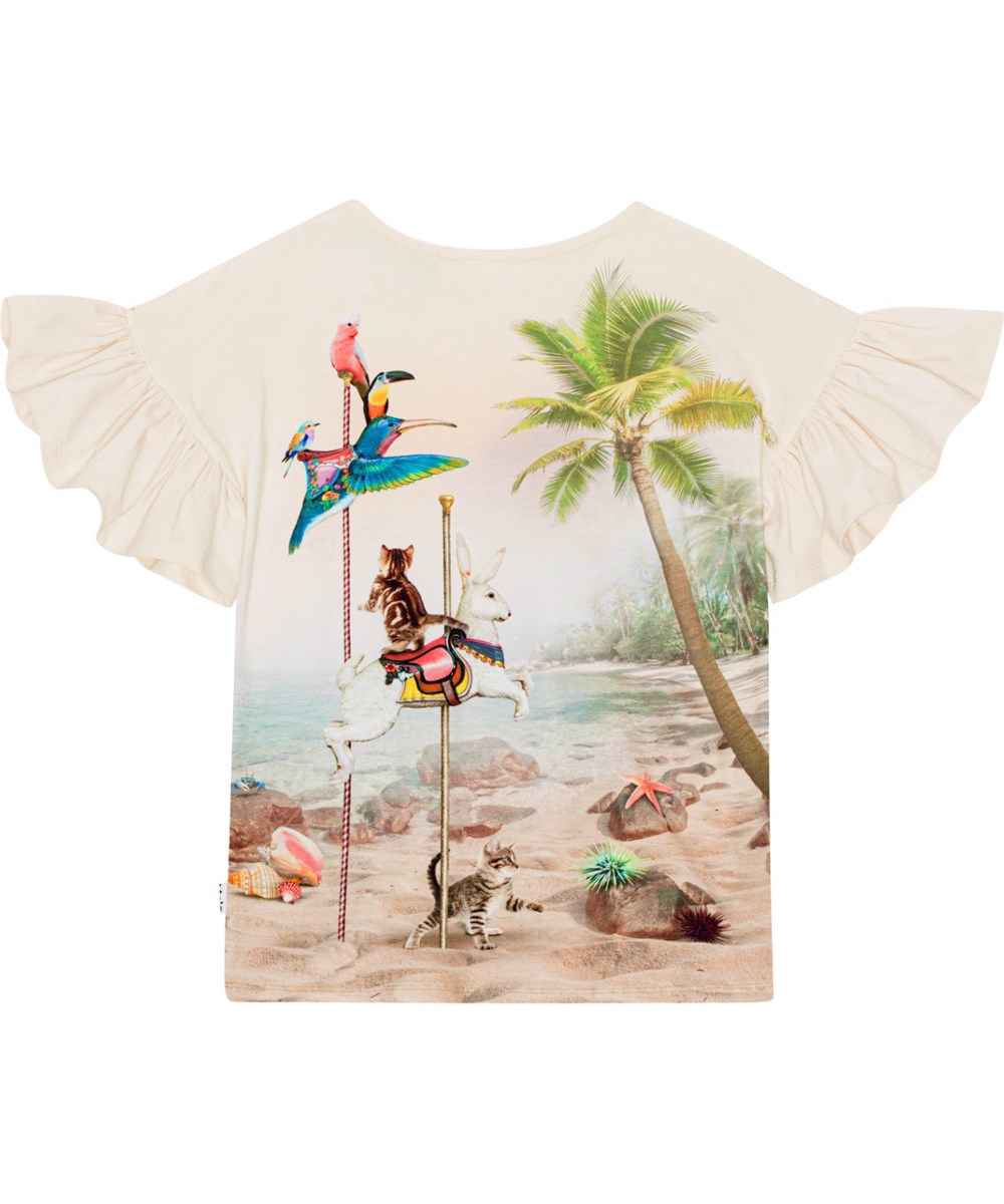 Rayah - Carousel Cats - Vit ekologisk bomulls T-shirt med volangärmar. 