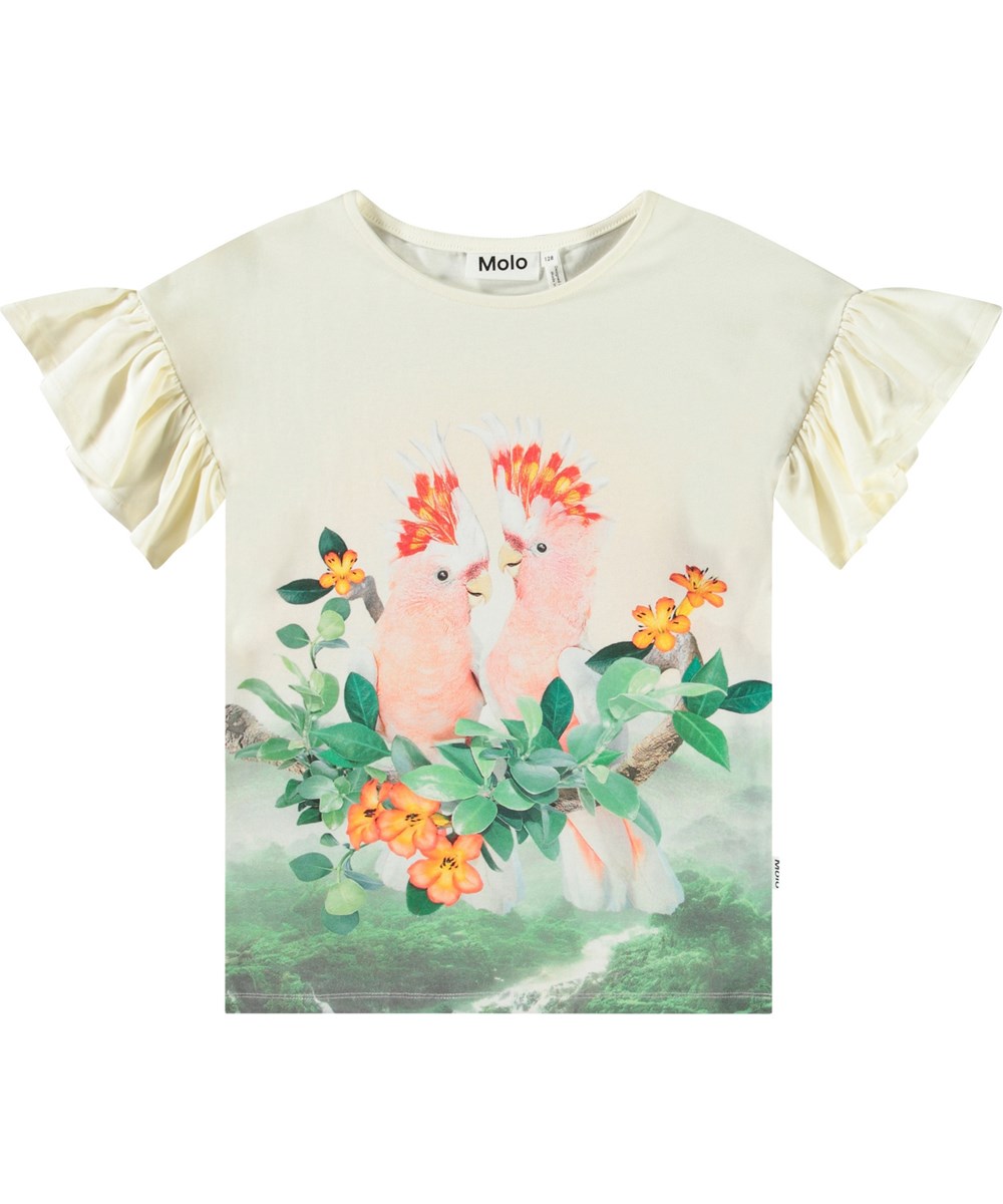 Rayah - Two Birds - Vit ekologisk bomullst-shirt för barn med en rund halsringning och volangärmar.