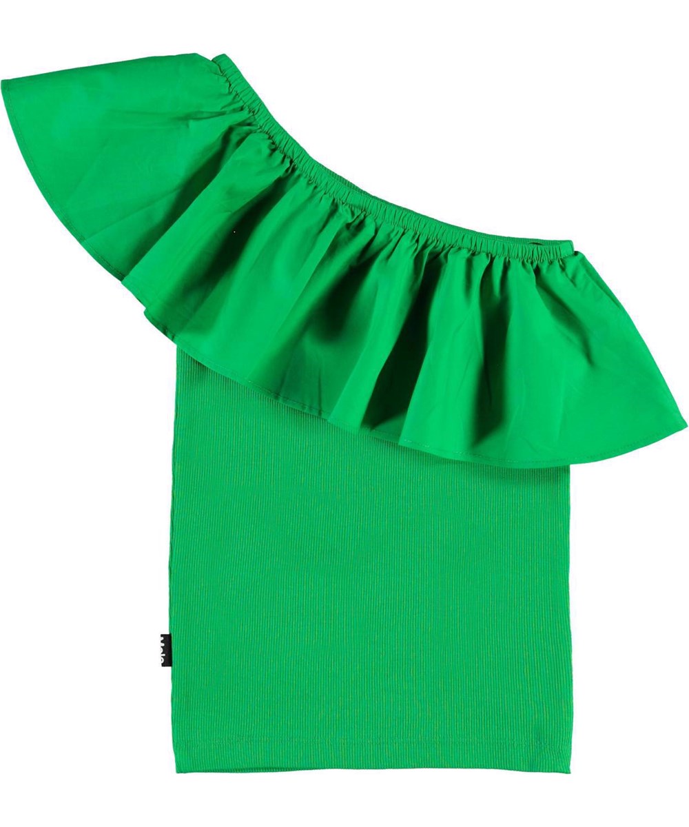 Rebecca - Green Bee - Grön asymmetrisk topp med volangkant.