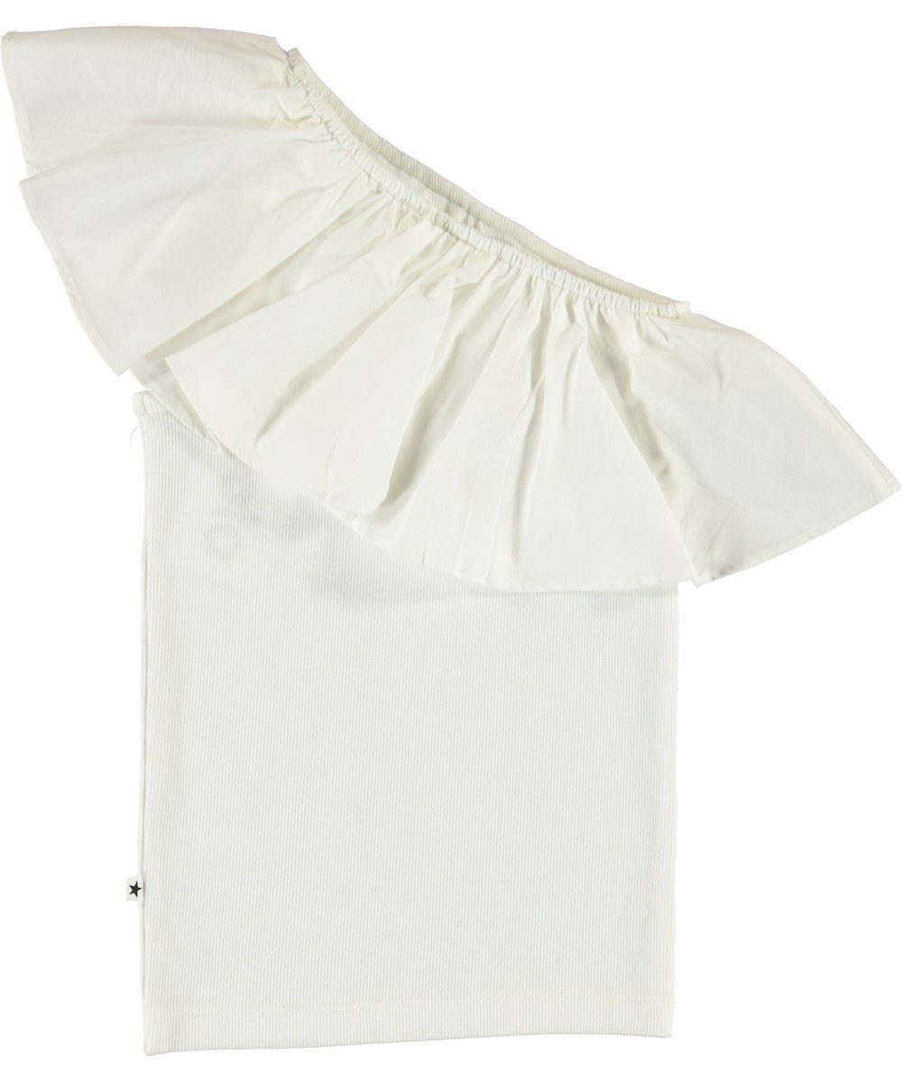Rebecca - White Star - Vit asymmetrisk topp med volang