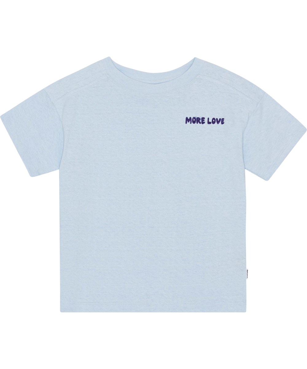 Renata - Skyride - Blå kortärmad T-shirt i 100% ekologisk bomull med vår ikoniska regnbåge. 