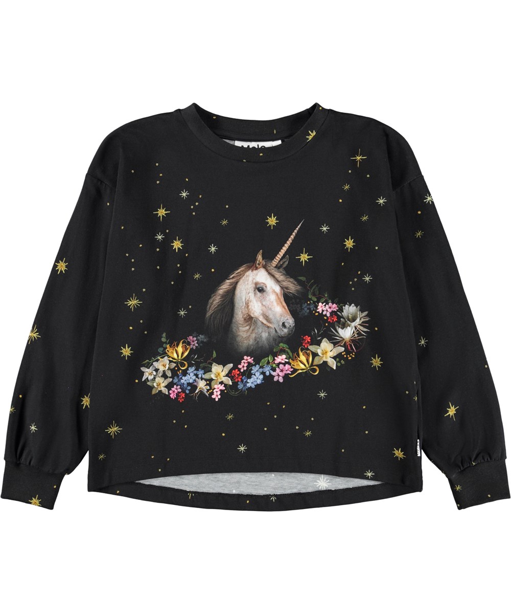 Reniza - Astral Unicorn - Svart långärmad topp för barn i mjuk ekologisk bomull med muddar och halsringning i ribbat material samt guldiga stjärnor och en enhörning.