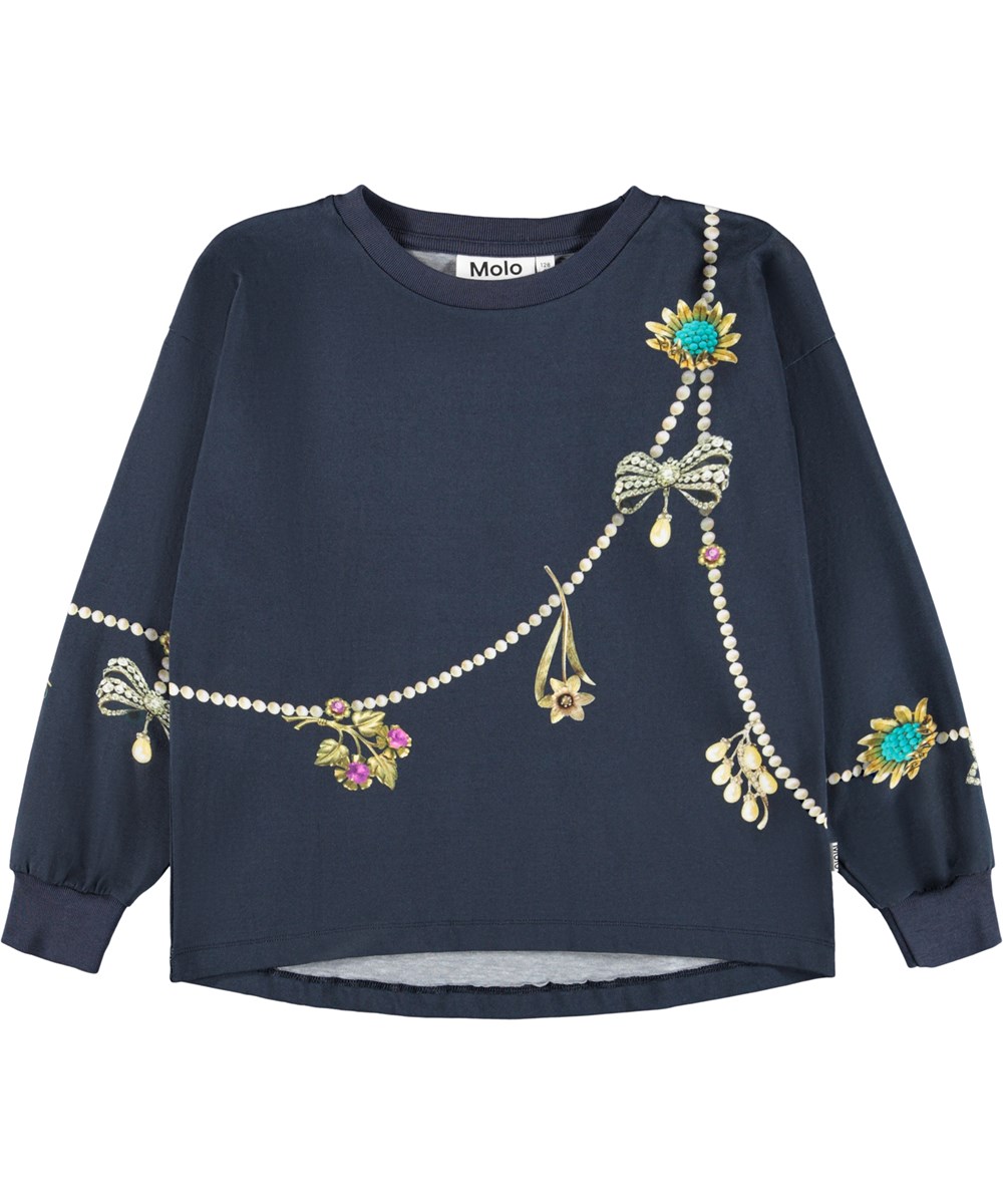 Reniza - Jewellery Drape - Mörkblå långärmad topp för barn i mjuk ekologisk bomull med ribbade muddar och halsringning med vackra kungliga kedjor.