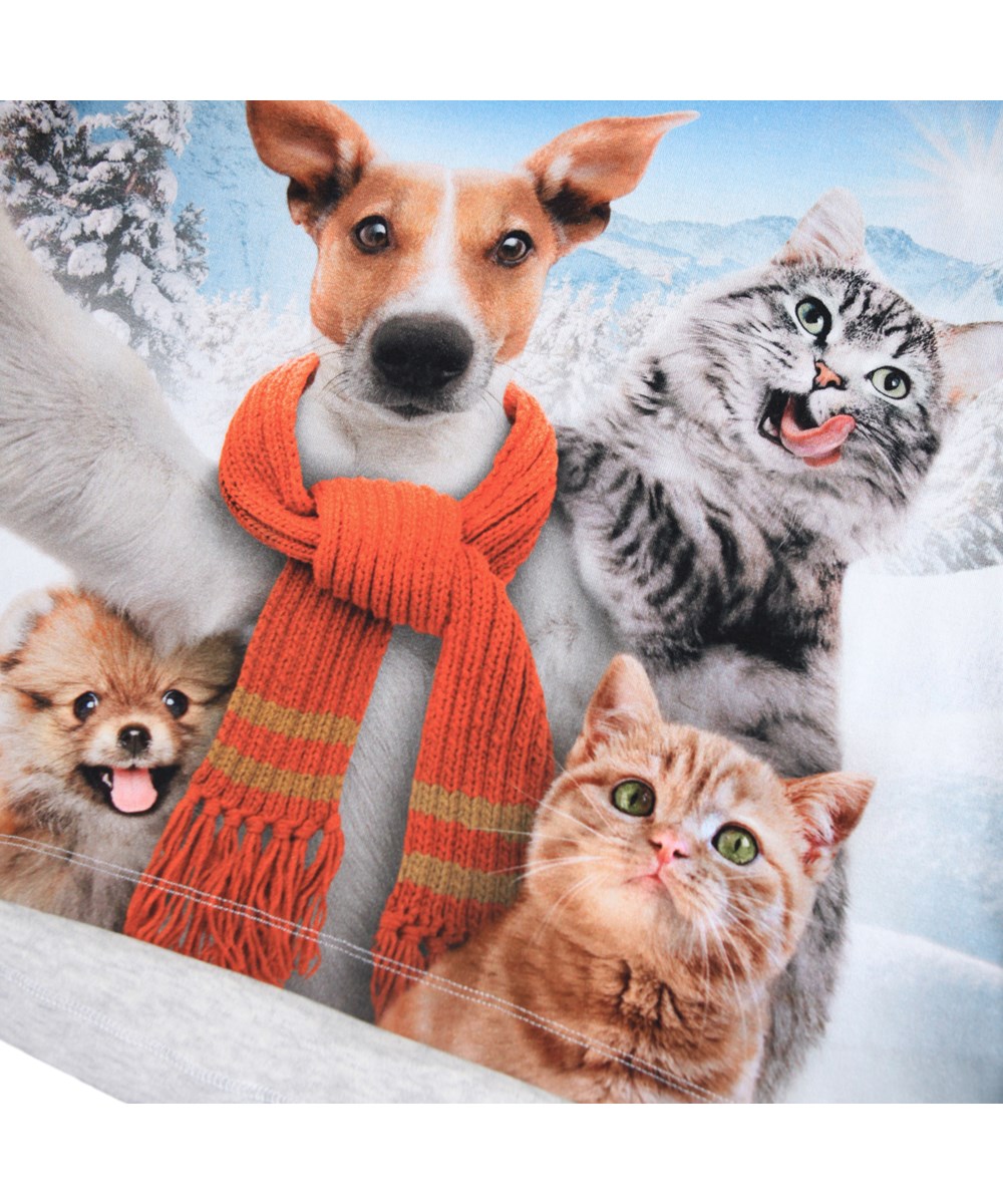 Reniza - Selfie - Blå och grå långärmad topp för barn i mjuk ekologisk bomull med muddar och halsringning med djur som tar en selfie.