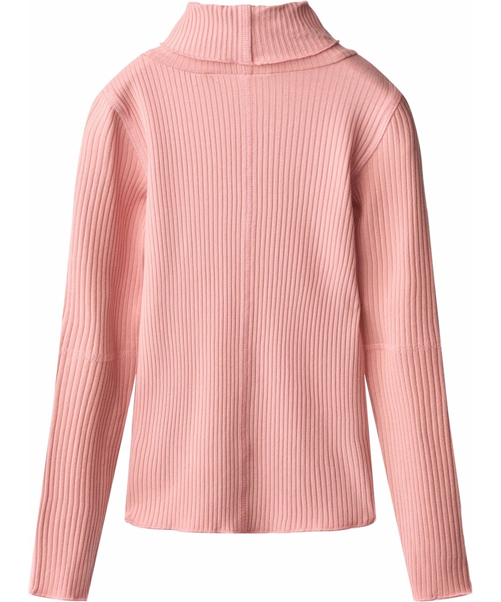 Rennie - Blush - Rosa långärmad topp för barn i stretchig, mjuk viskosbomullsribbstickning med en figurnära passform, en rullkrage, råa kanter och synliga sömmar.