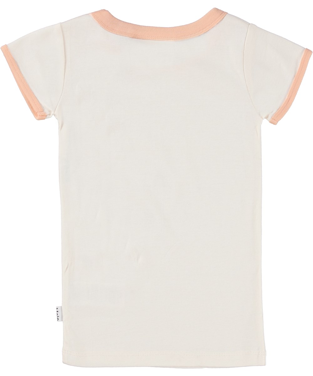 Rhiannon - Energy Heart - Vit ekologisk t-shirt med rosa kanter och hjärtsolar.