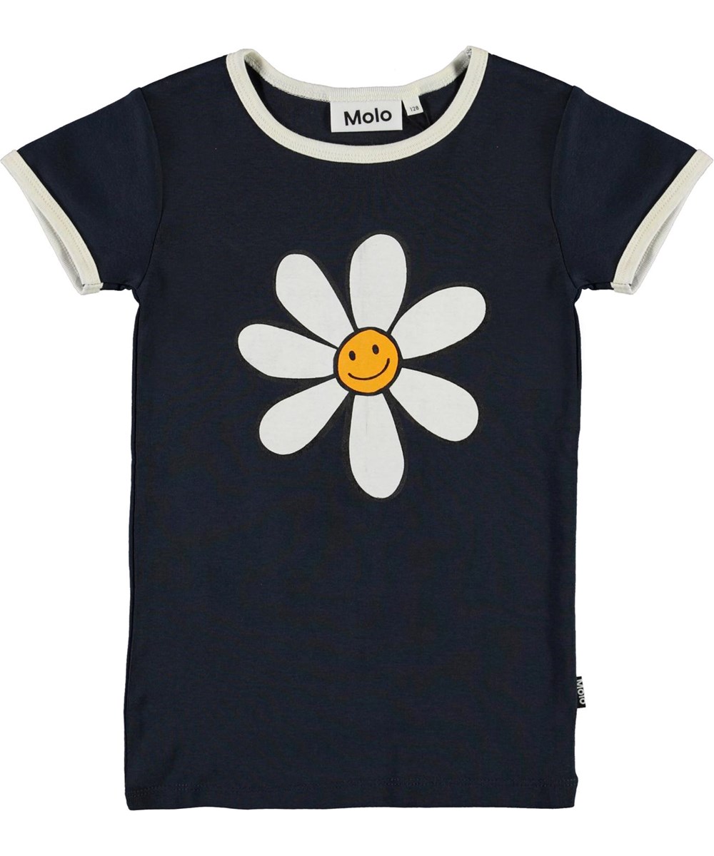 Rhiannon - Happy Daisy - Ekologisk blå t-shirt med smiley och blomma