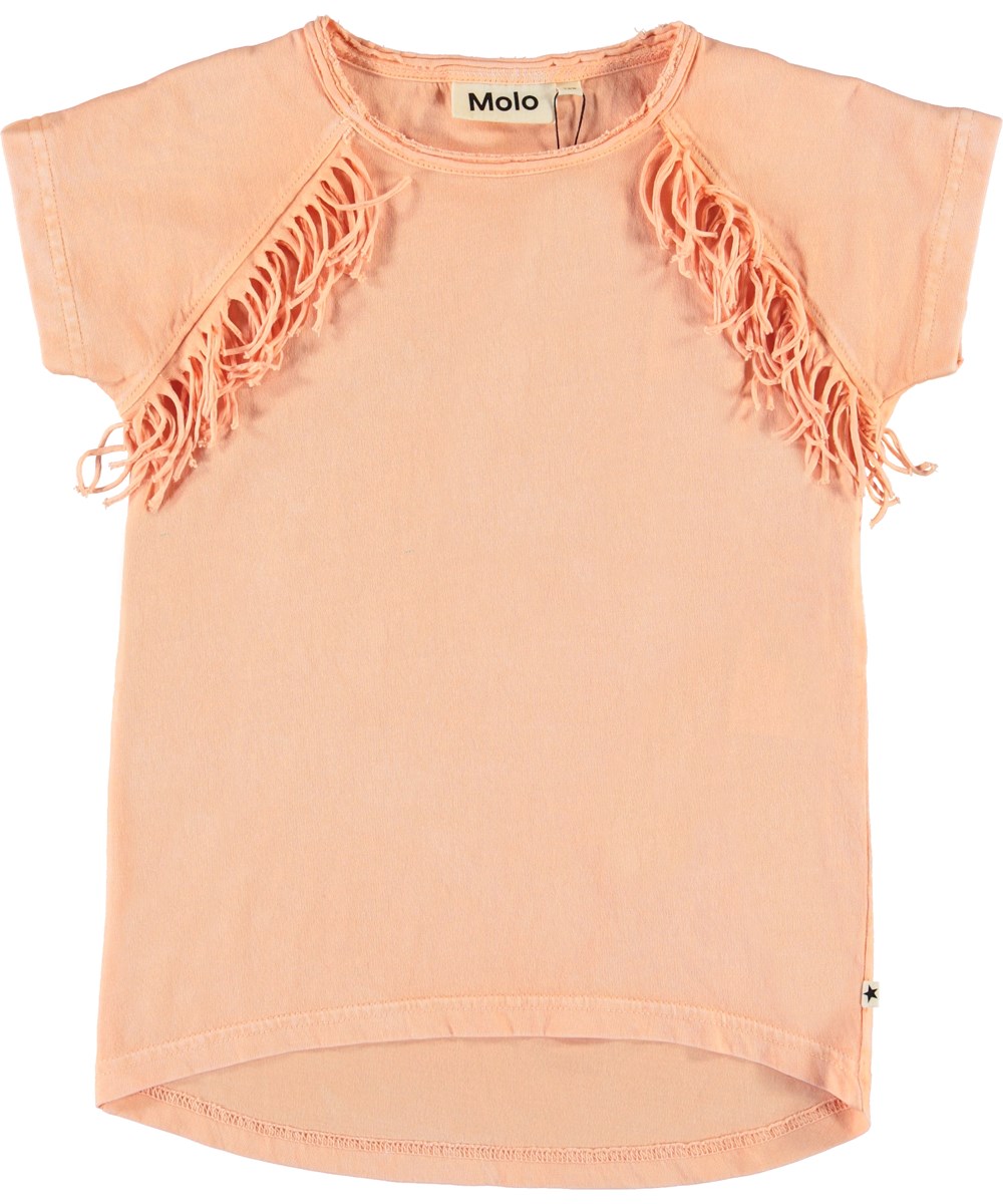 Riana - Pacific Coral - Coral färgad t-shirt med fransar