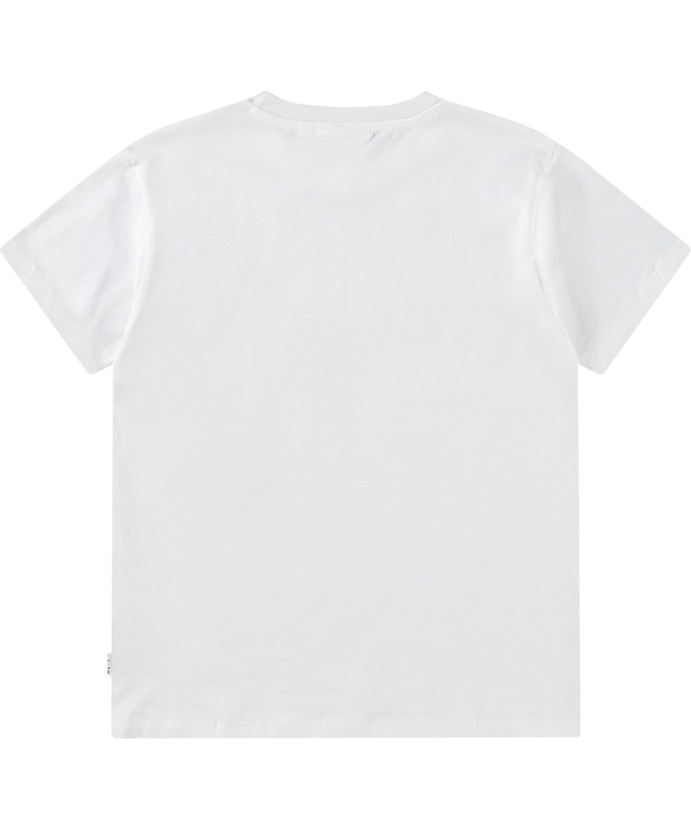 Riley - Pink Dandelion - Vit t-shirt med tryck för barn i mjuk ekologisk bomull med korta ärmar och ribbad halsringning.