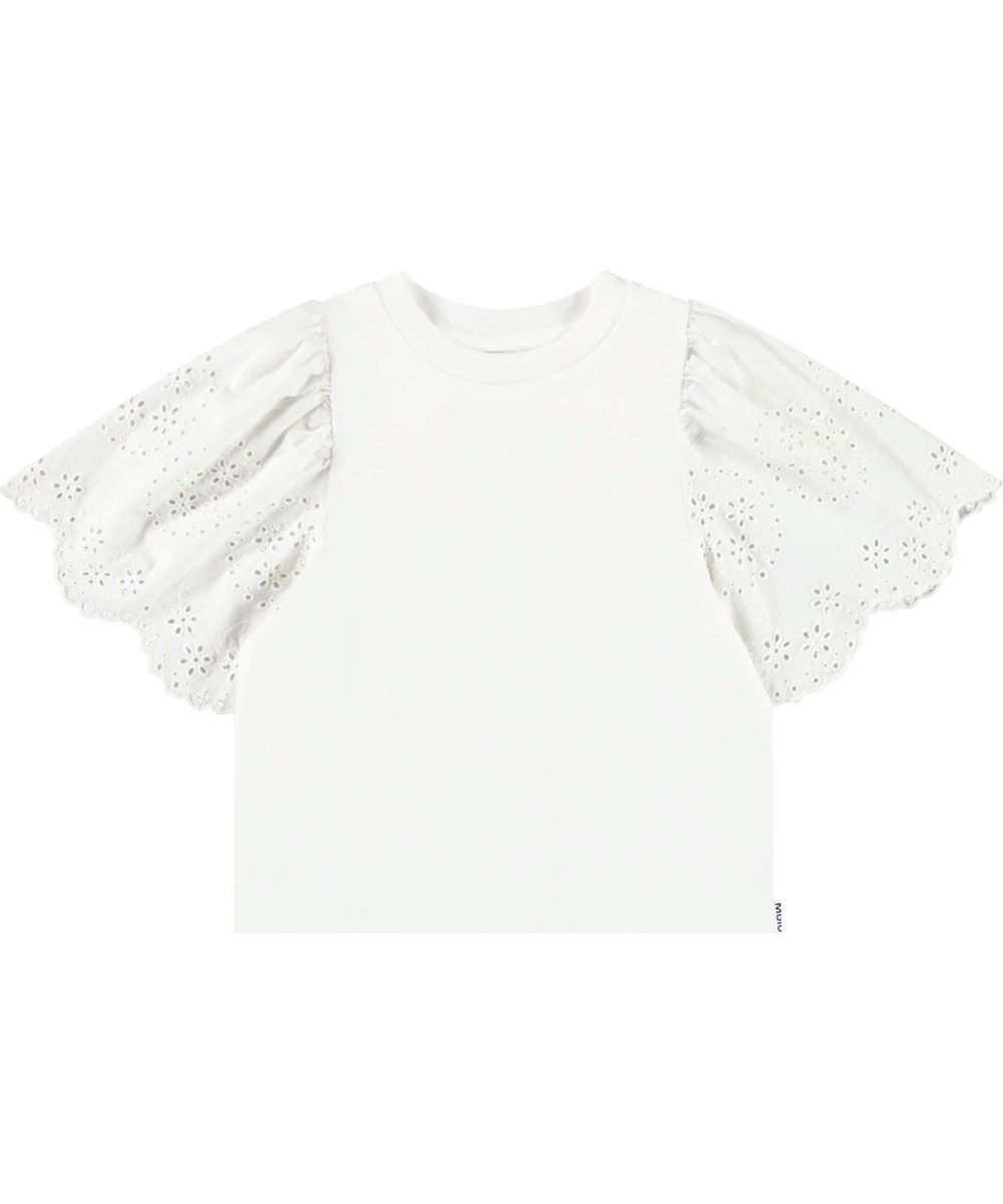 Ritza - Crisp White - Vit T-shirt för barn i mjuk ekologisk bomull med ribbad halsringning och fjärilärmar med broderi anglaise broderi.