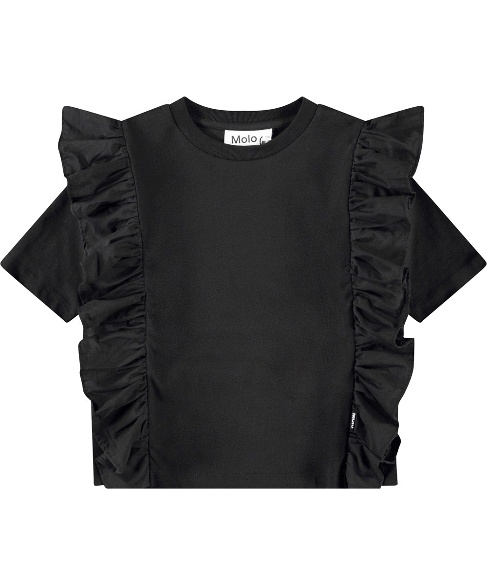 Riva - Black - Svart T-shirt för barn i mjuk ekologisk bomull med ribbad halsringning och volangkant.