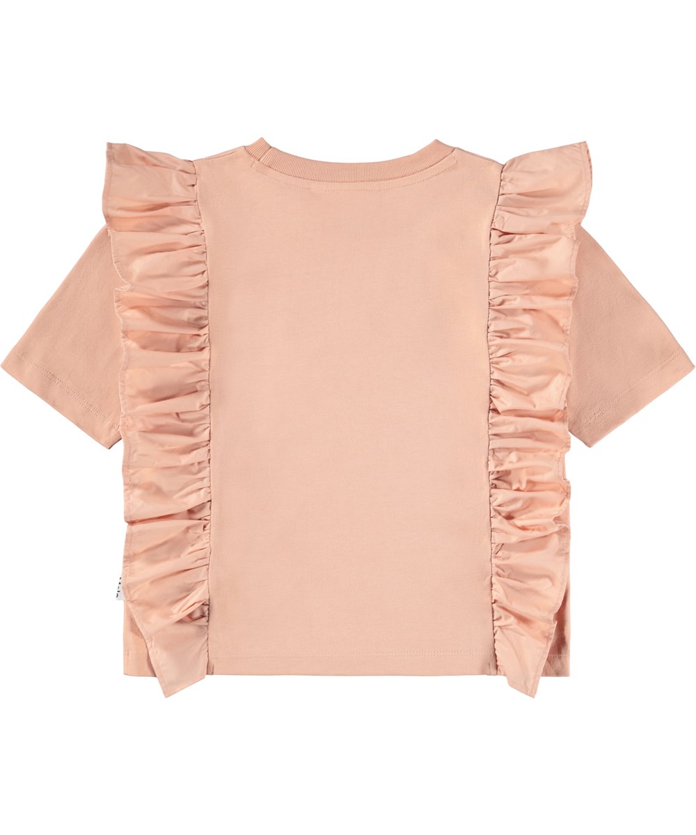 Riva - Rose Cloud - Puderfärgad, åtsittande T-shirt för barn i mjuk ekologisk bomull med volangkant.