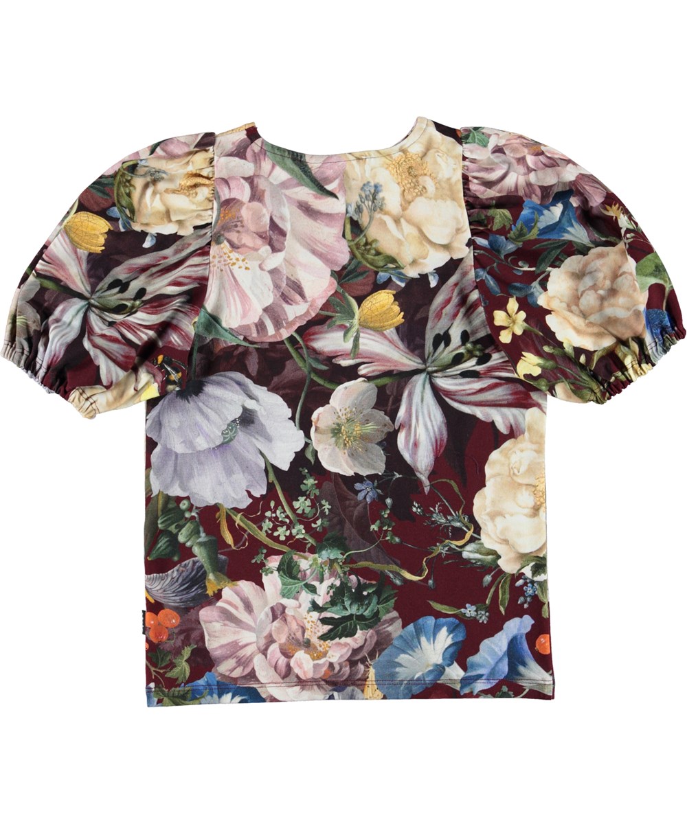 Rivera - Botanical Canvas - Ekologisk bordeauxröd t-shirt med blommor.
