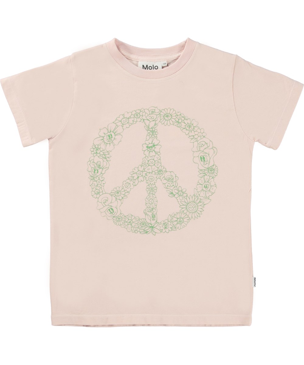 Road - Powder - Ekologisk puderfärgad t-shirt med peacetecken och leende blommor.